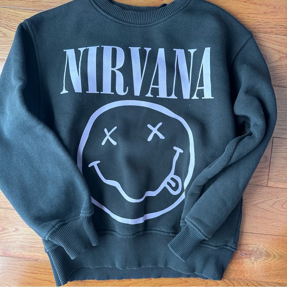 Zara- NIRVANA Black Crewneck with Lavender Smiley Graphic